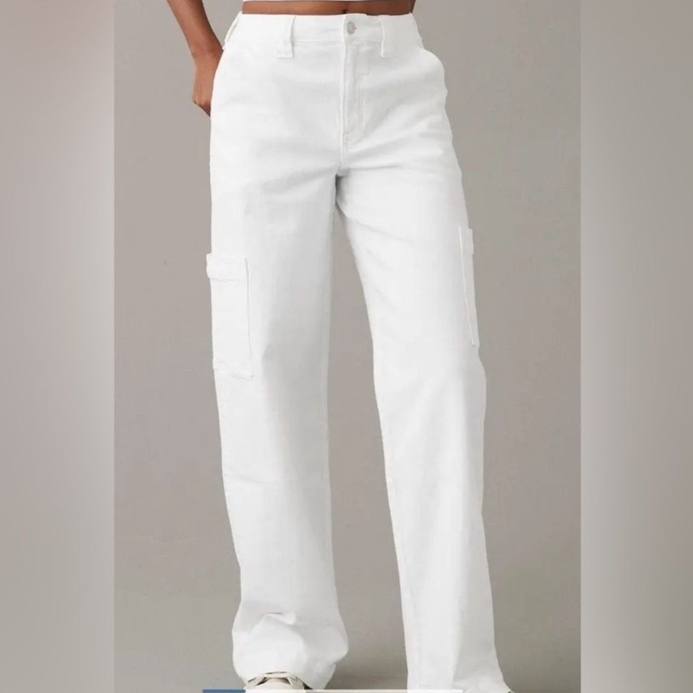 American Eagle Baggy Wide Leg Cargo Jeans Womens Size 16 White High Rise Stretch